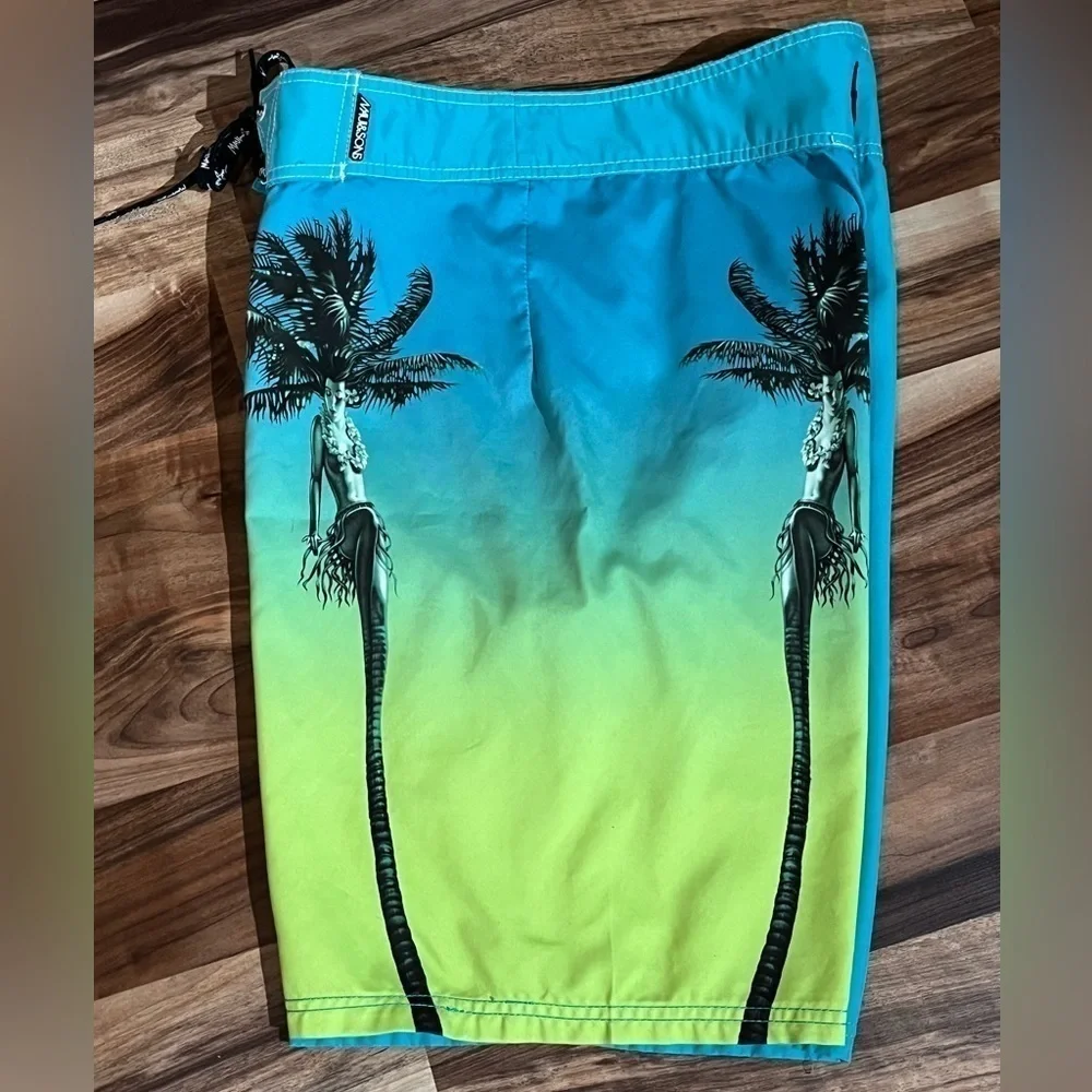 HULA GIRL Maui & Sons Palm Tree Blue Board Shorts - Limited Edition - RARE!